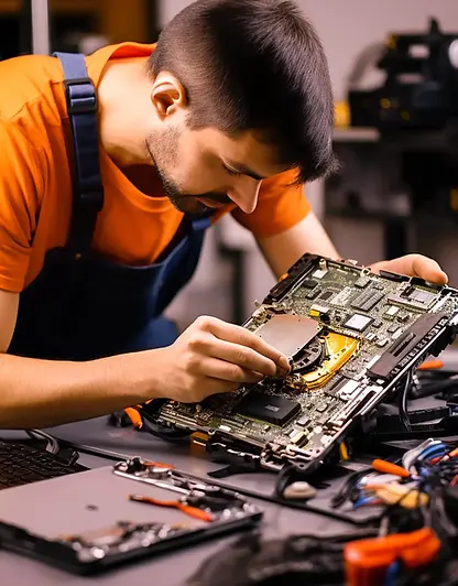 Technician working on a computer repair, focusing on hardware components.